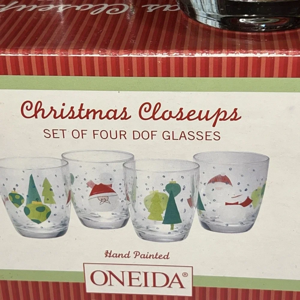 Vintage 4 Oneida Christmas Closeups Dof Glass Glasses Hand Painted 4 1/8